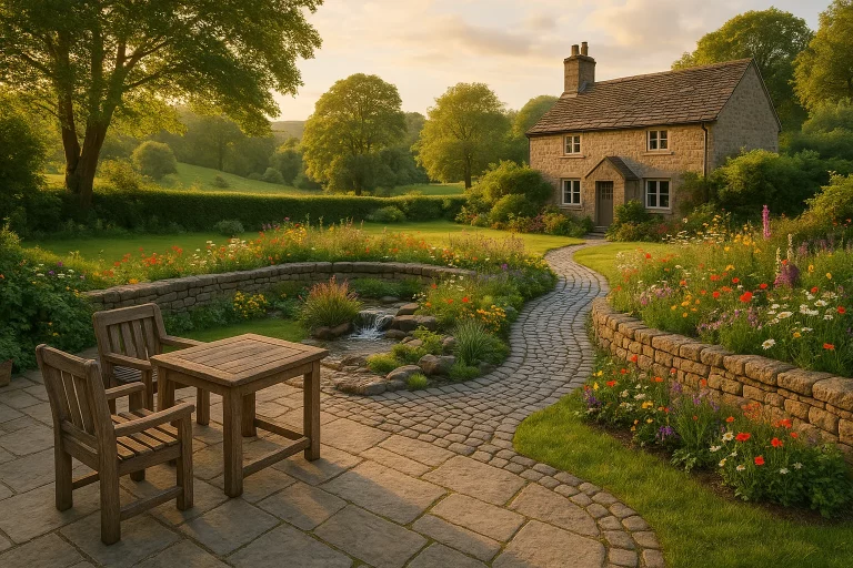 Hardscaped garden in a quiet UK village with cobbled paths, stone patio, flowerbeds and a rustic water feature, set against a cottage and greenery.