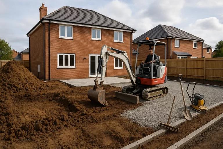 Professional groundwork team preparing a residential garden and driveway with excavation and gravel base.