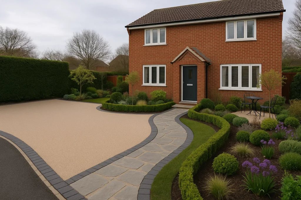 Professionally designed garden and resin driveway with soft landscaping, curved path, and seating area.