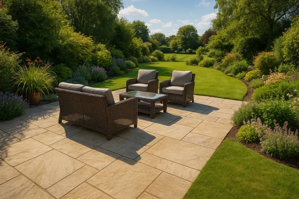Beautiful natural stone patio with seating and landscaped garden in summer.